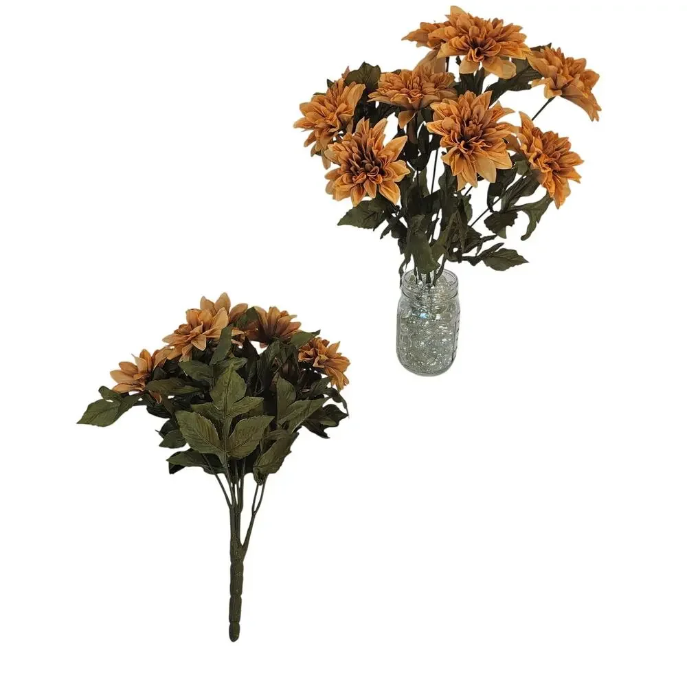 Artificial Tan Mum Flower Bushes Lot 2 15in Silk Chrysanthemum Fall Floral Decor